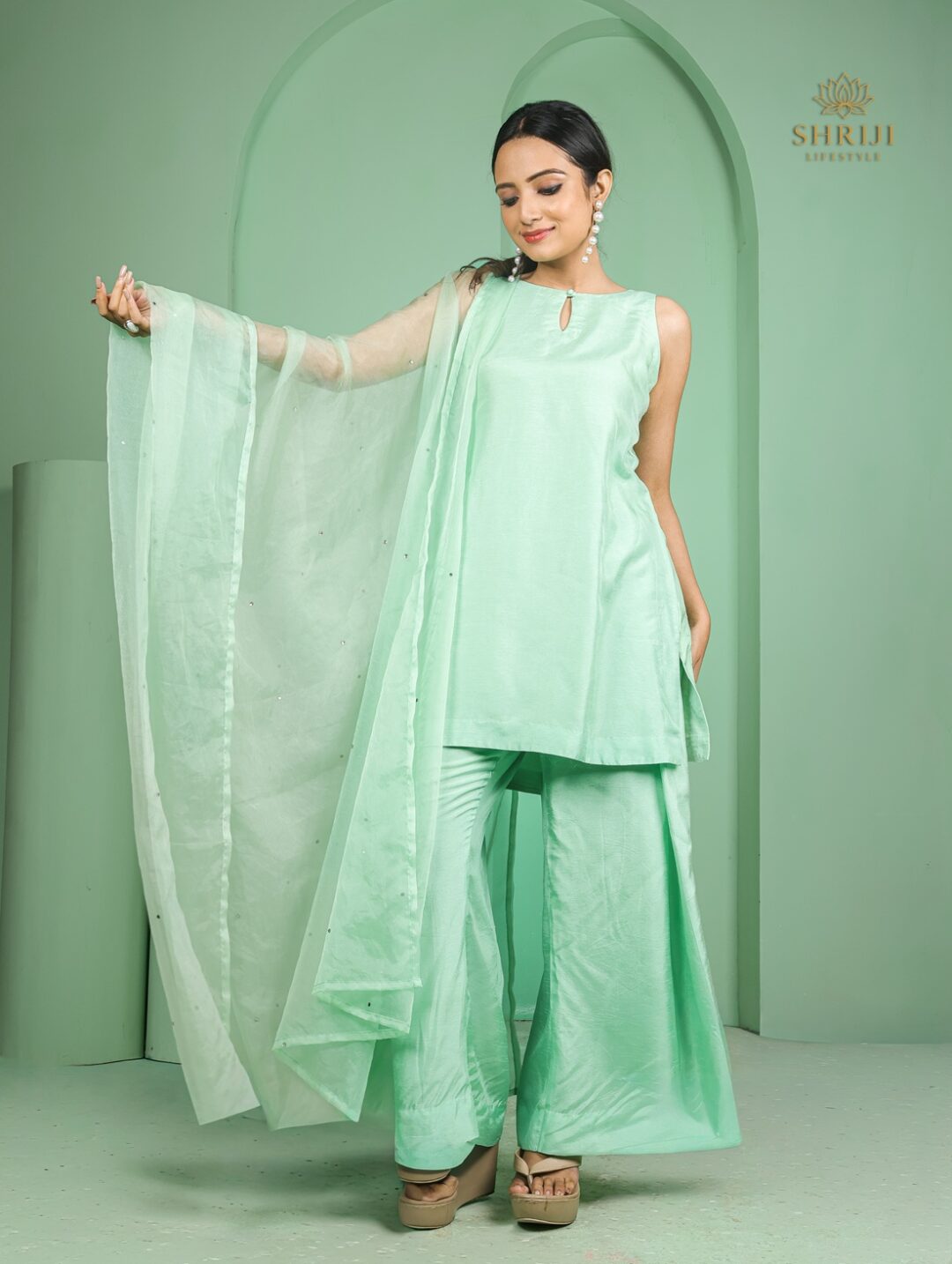 mint green dola silk plazoo set with dupatta