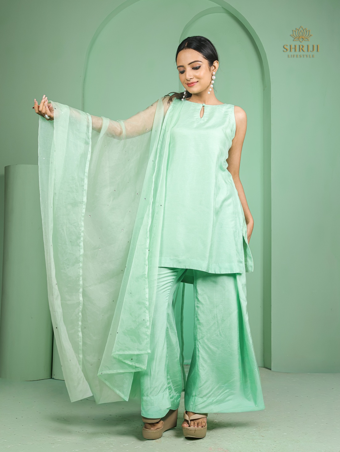 mint green dola silk plazoo set with dupatta
