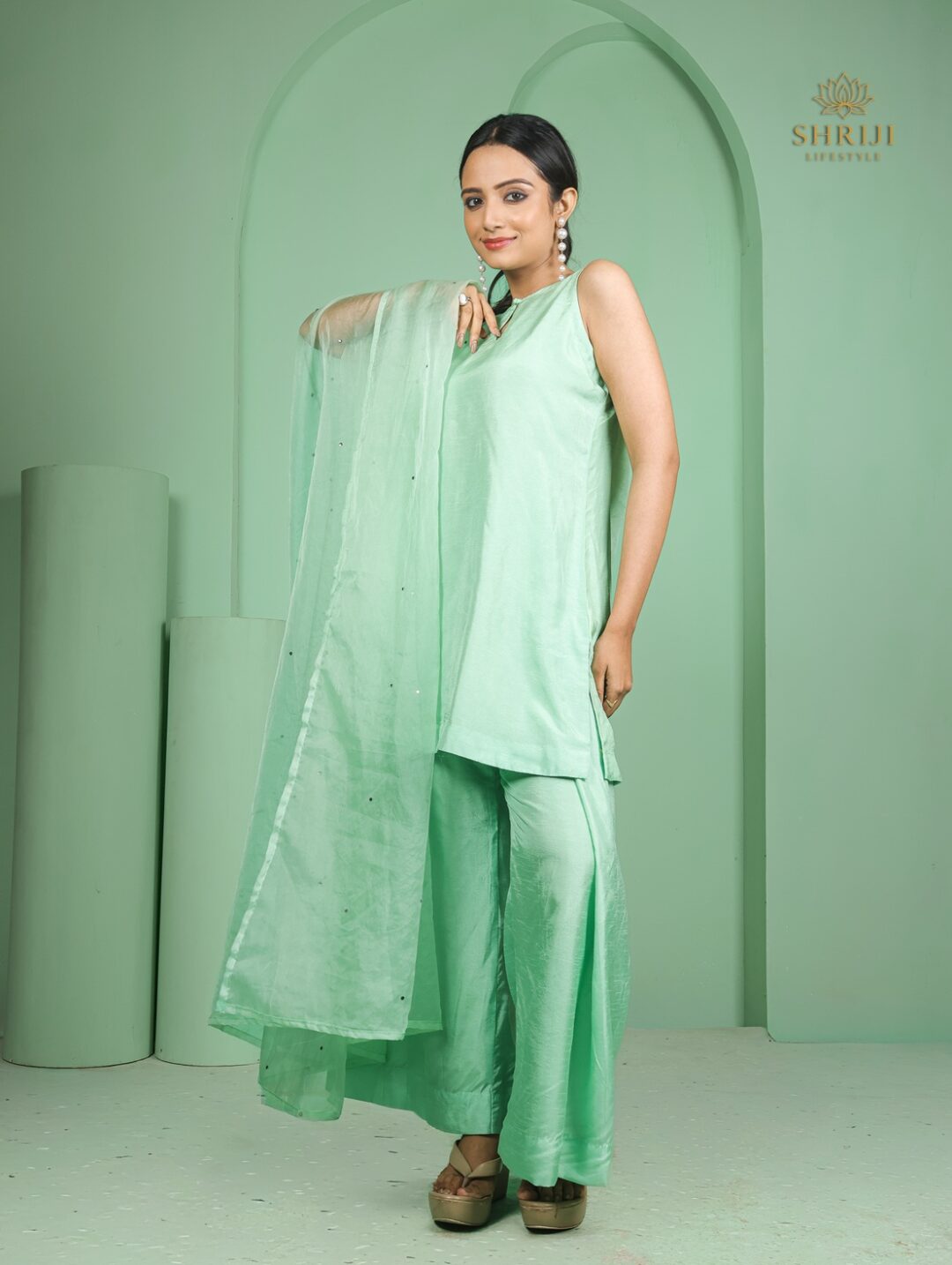 mint green dola silk plazoo set with dupatta