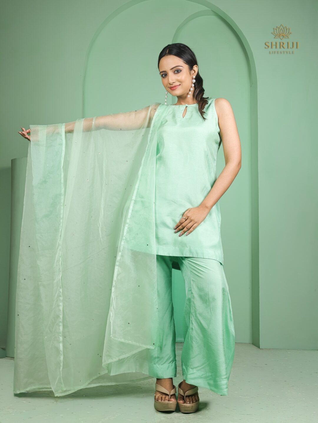 mint green dola silk plazoo set with dupatta