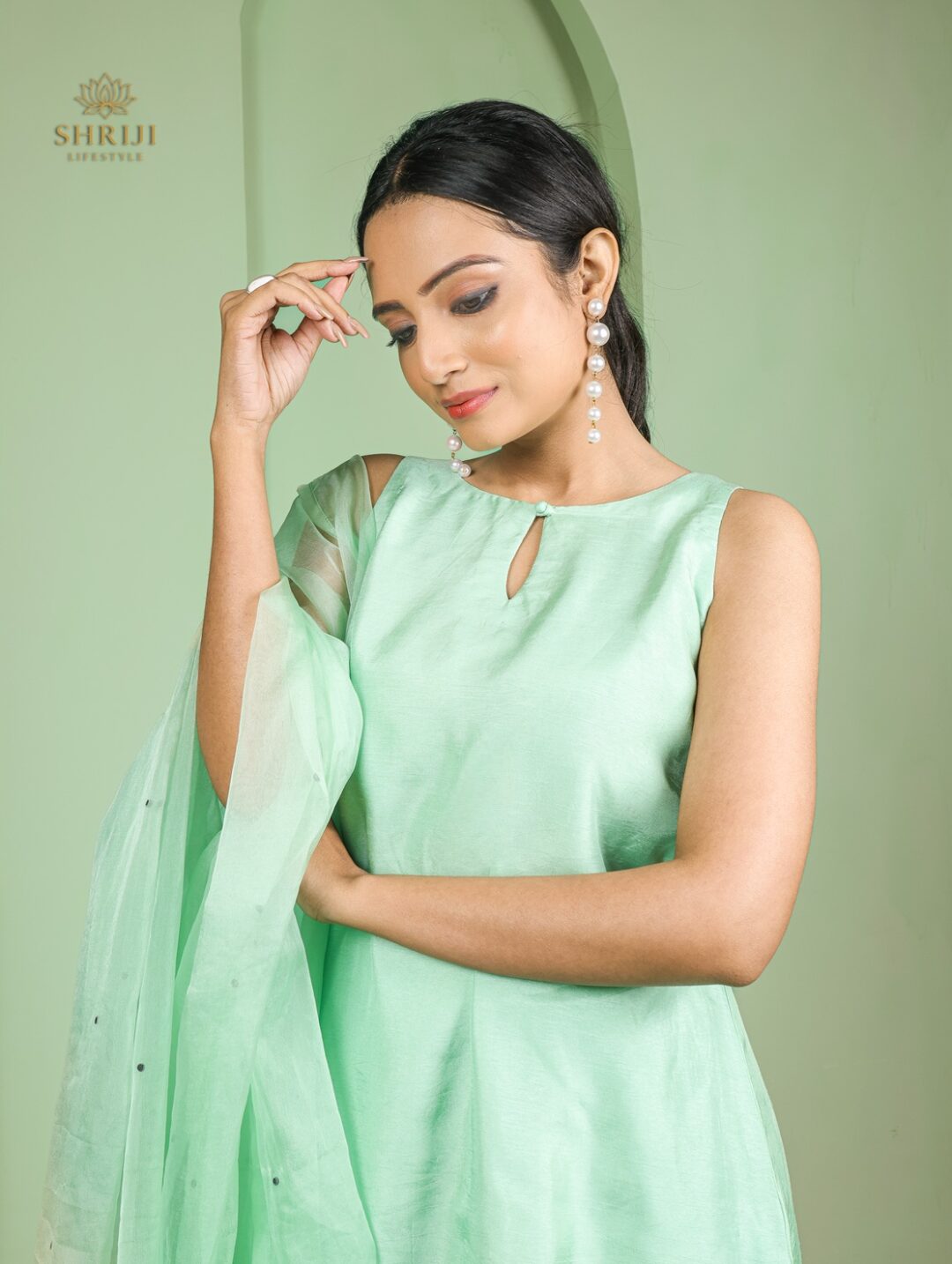 mint green dola silk plazoo set with dupatta