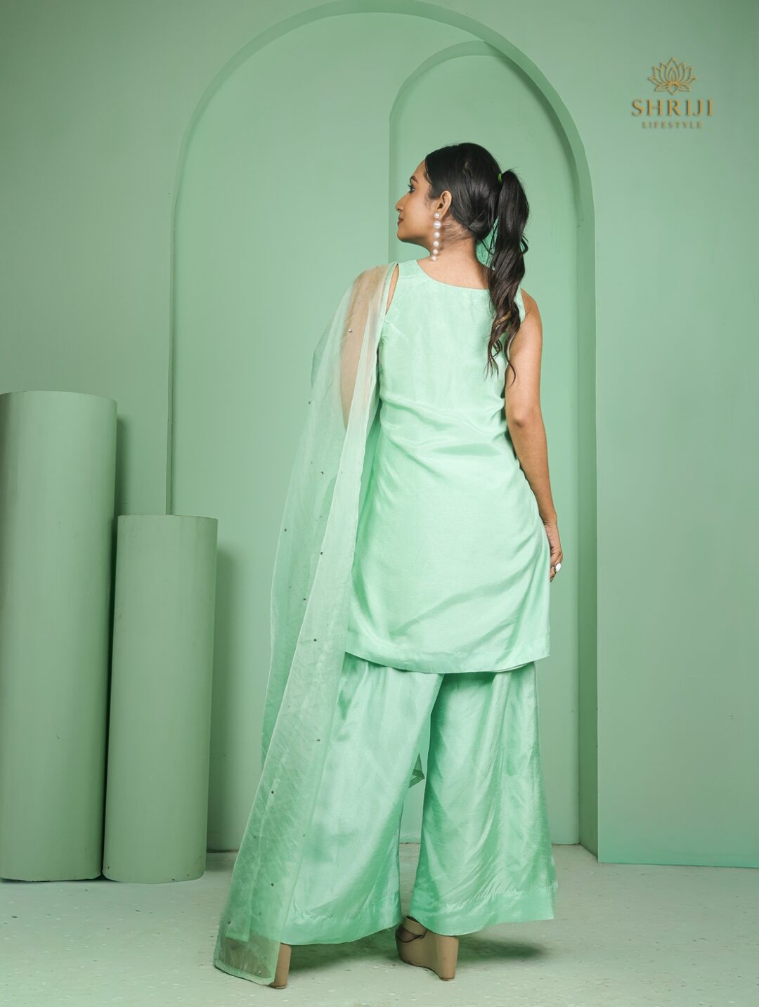 mint green dola silk plazoo set with dupatta
