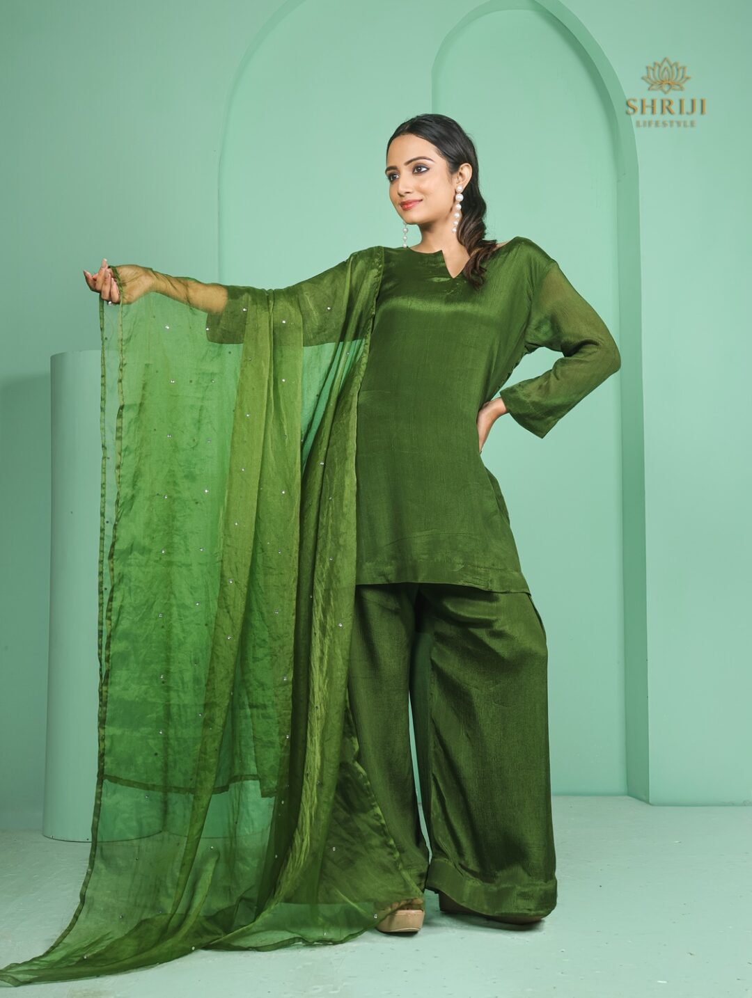 green chinon plazoo set with dupatta