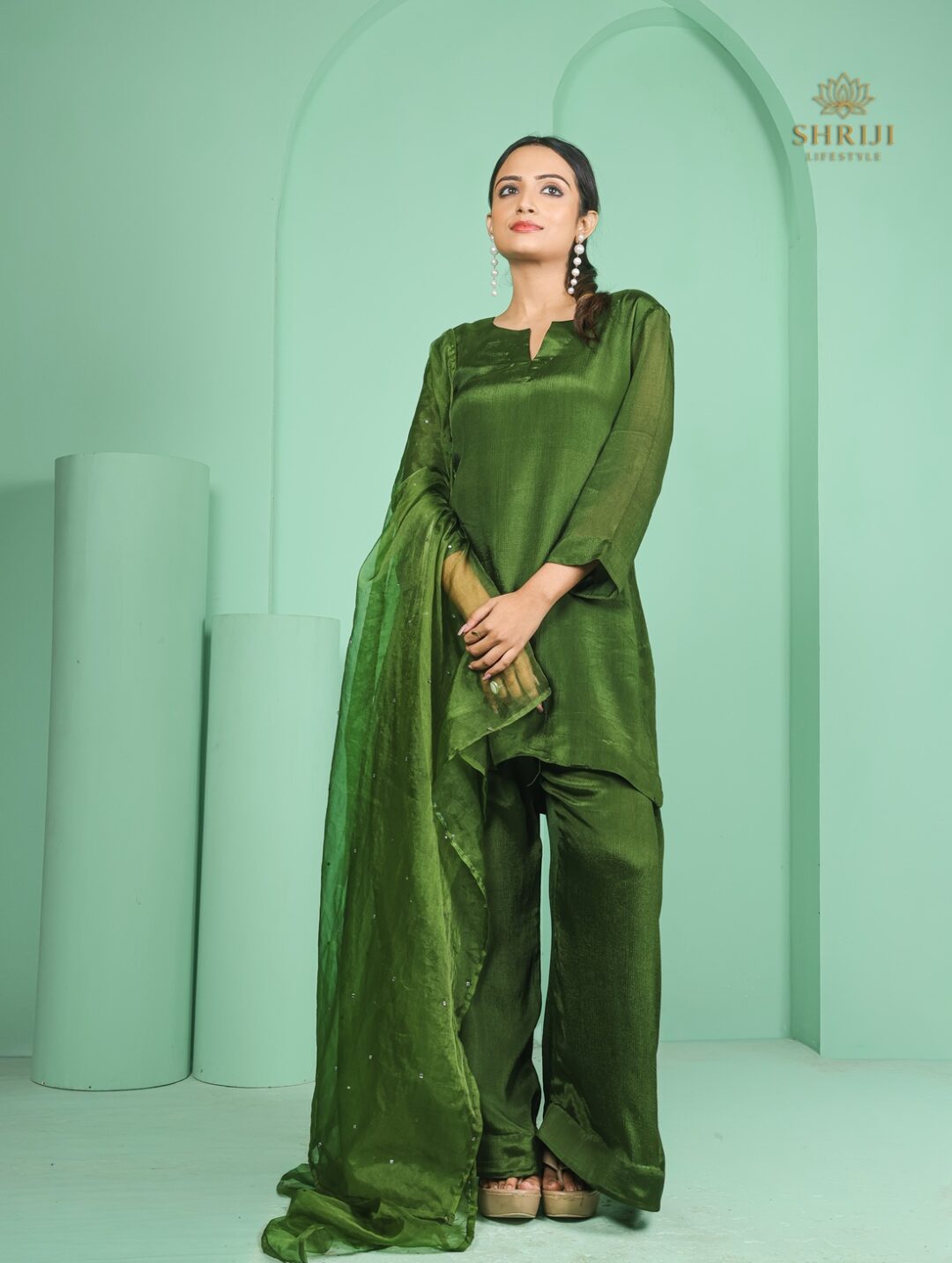 green chinon plazoo set with dupatta