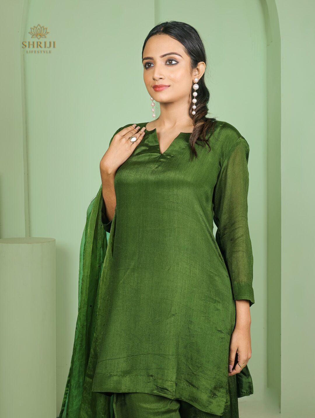 green chinon plazoo set with dupatta