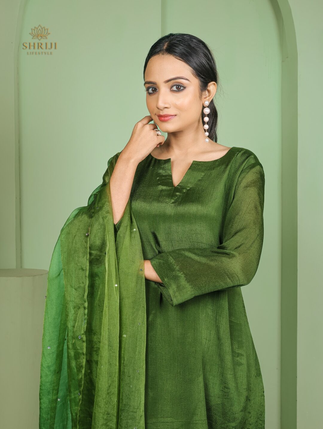 green chinon plazoo set with dupatta