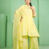 yellow short kali style kurta plazoo set with dupatta