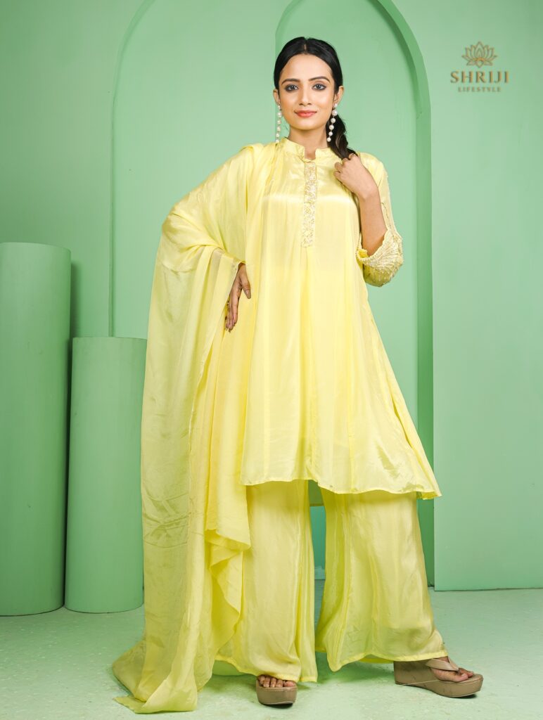 yellow short kali style kurta plazoo set with dupatta
