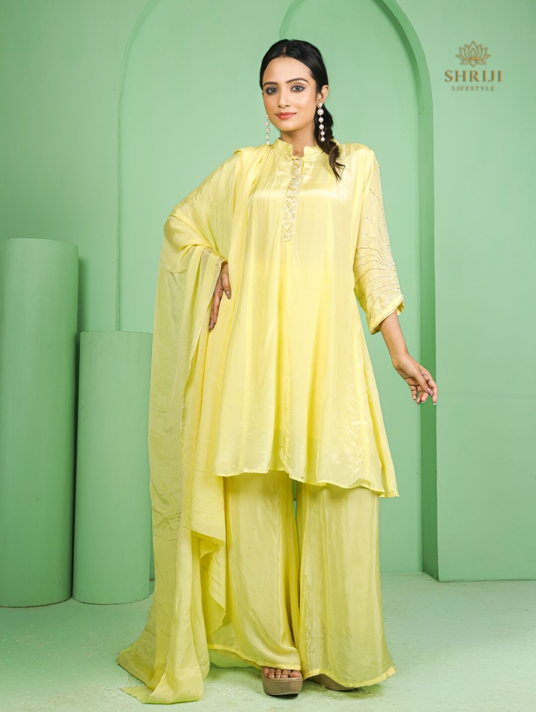 yellow short kali style kurta plazoo set with dupatta