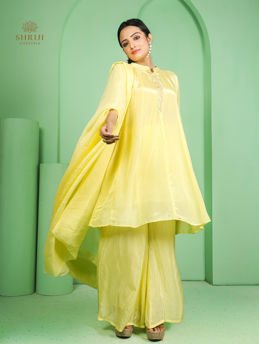 yellow short kali style kurta plazoo set with dupatta