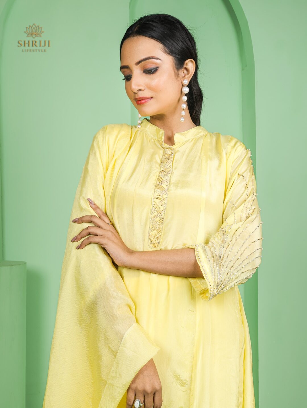 yellow short kali style kurta plazoo set with dupatta