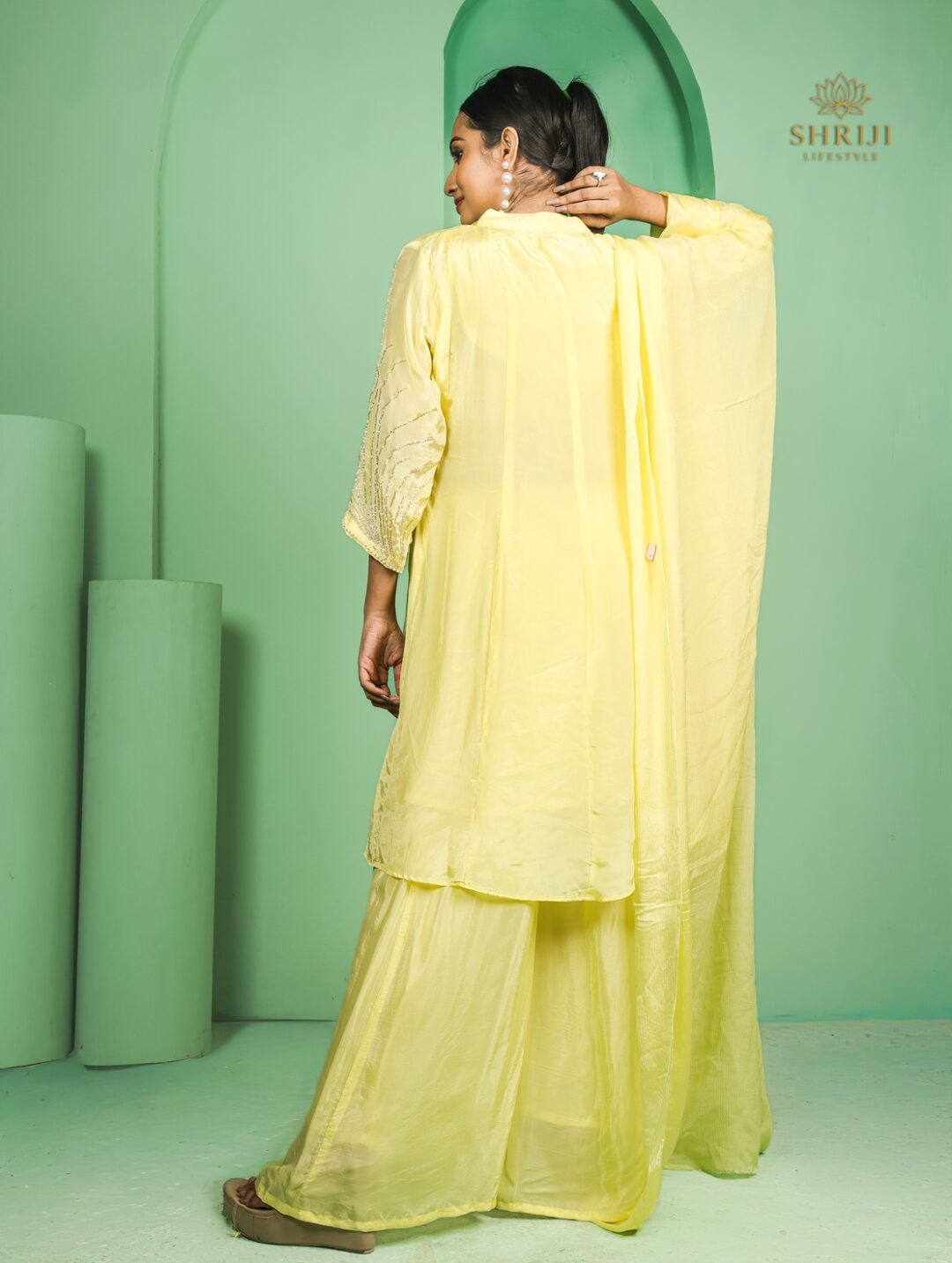 yellow short kali style kurta plazoo set with dupatta