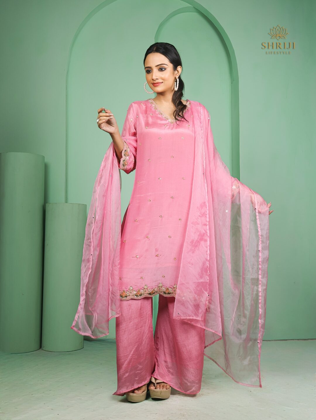 soft pink crepe plazoo set with dupatta
