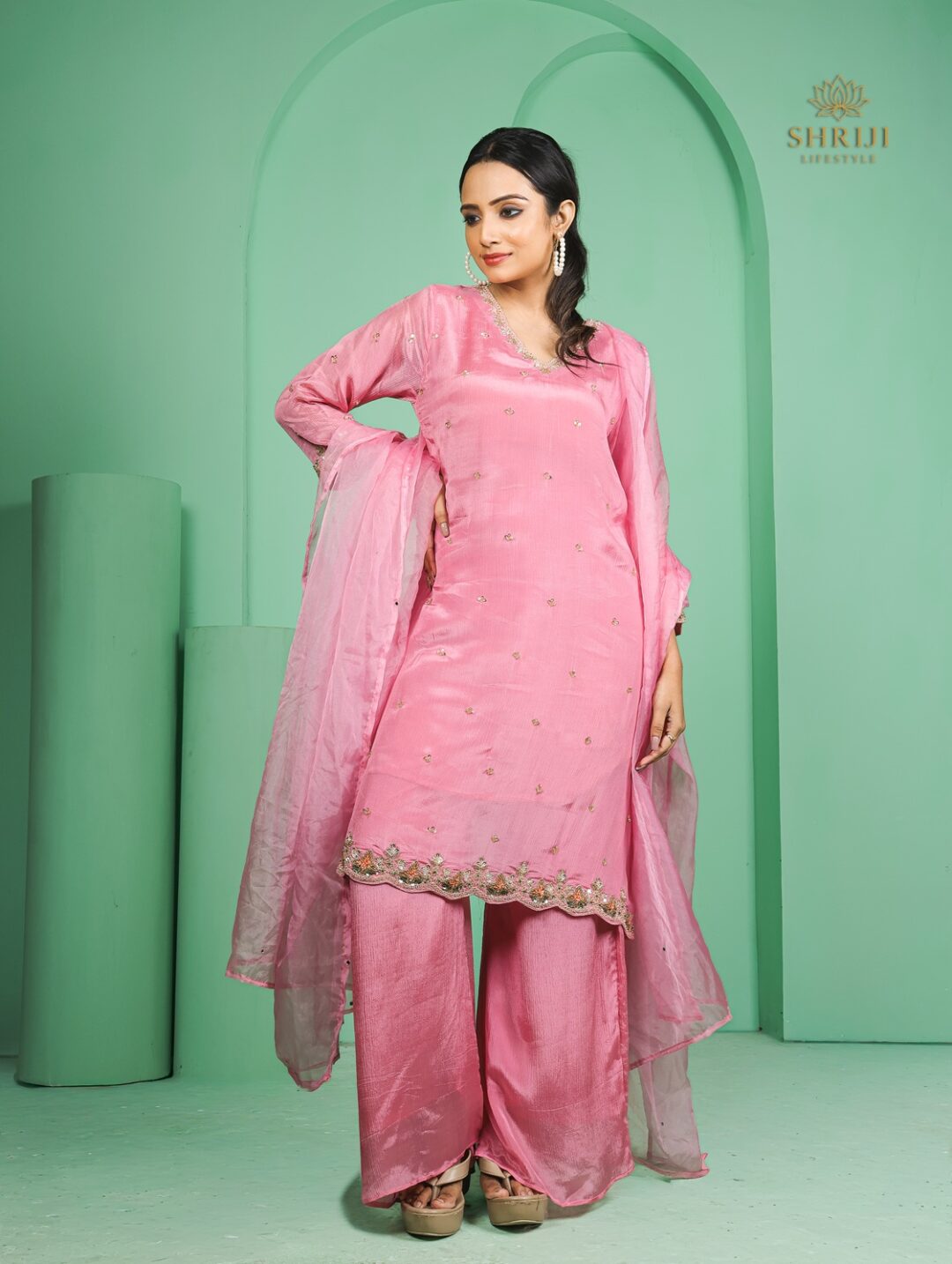 soft pink crepe plazoo set with dupatta