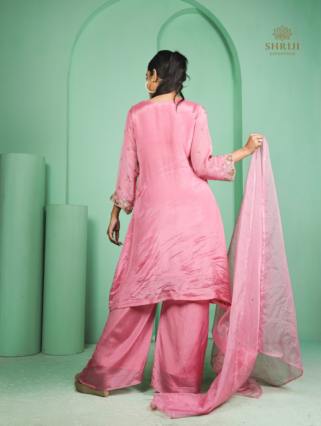 soft pink crepe plazoo set with dupatta