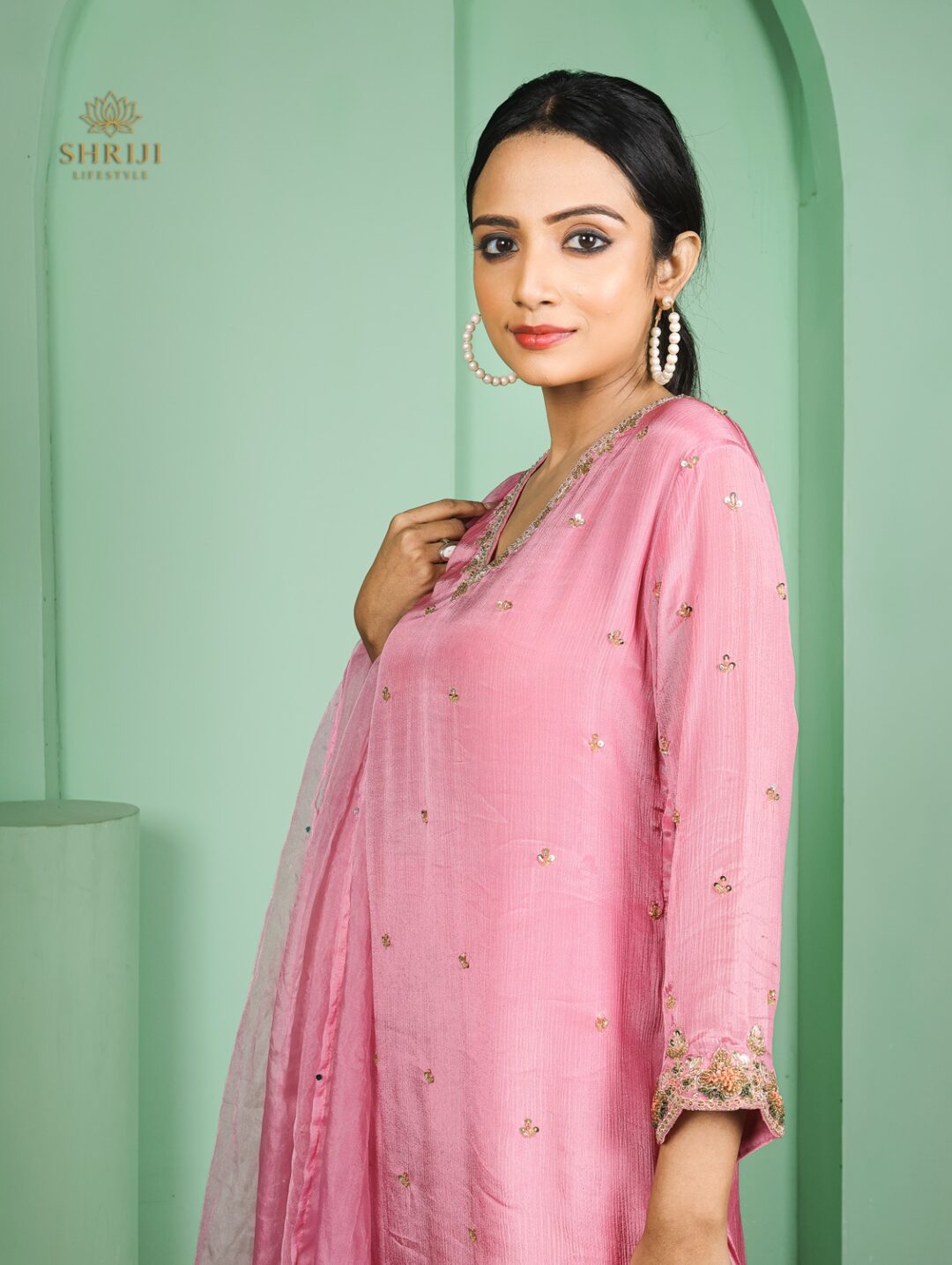 soft pink crepe plazoo set with dupatta
