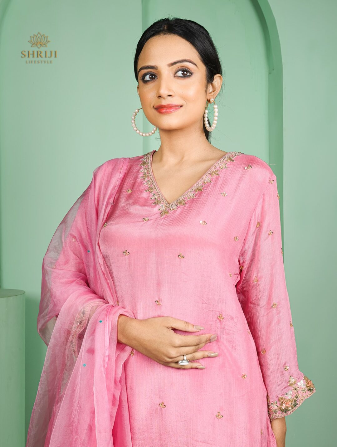 soft pink crepe plazoo set with dupatta