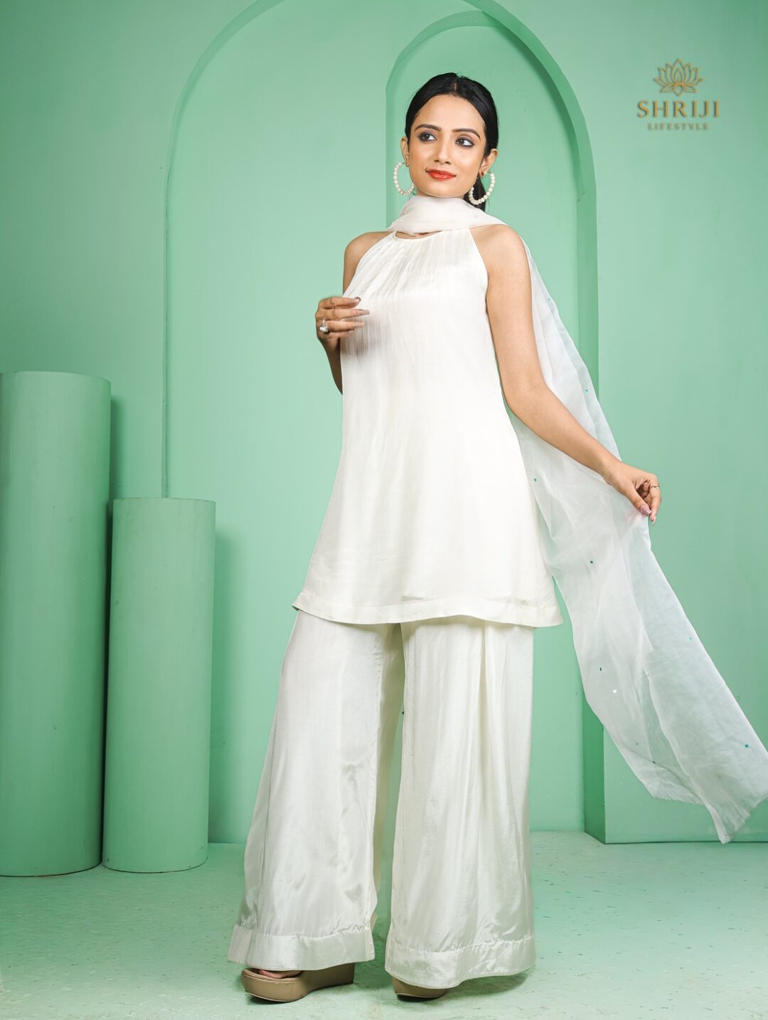 white halter neck kurta plazoo set with dupatta
