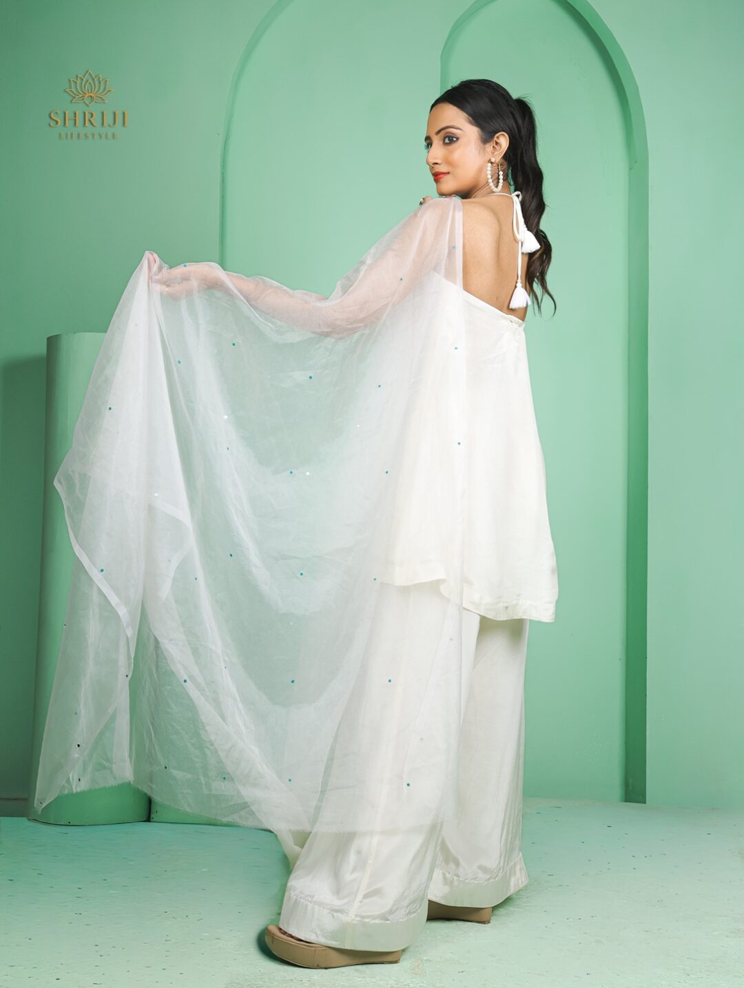 white halter neck kurta plazoo set with dupatta