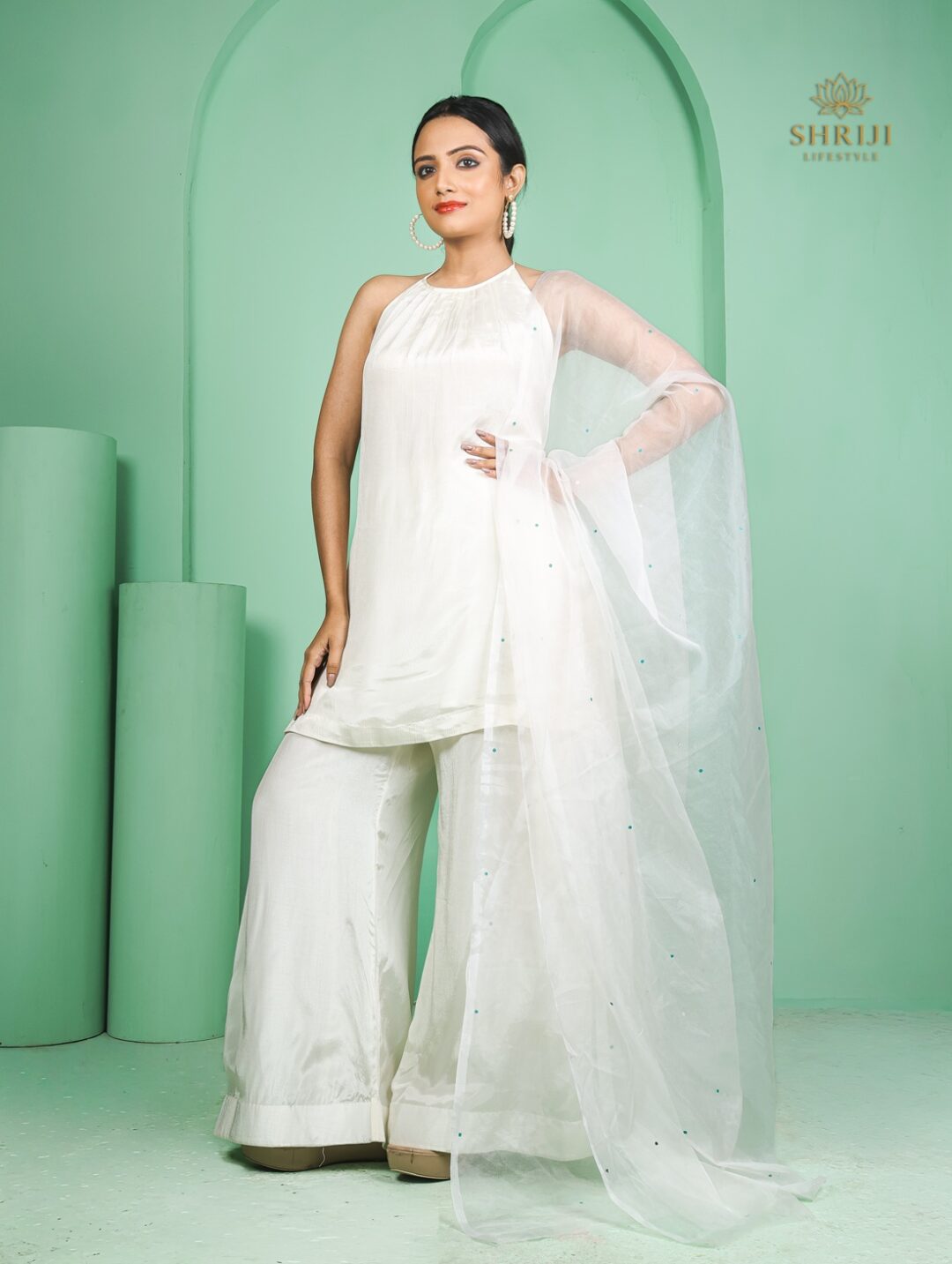 white halter neck kurta plazoo set with dupatta