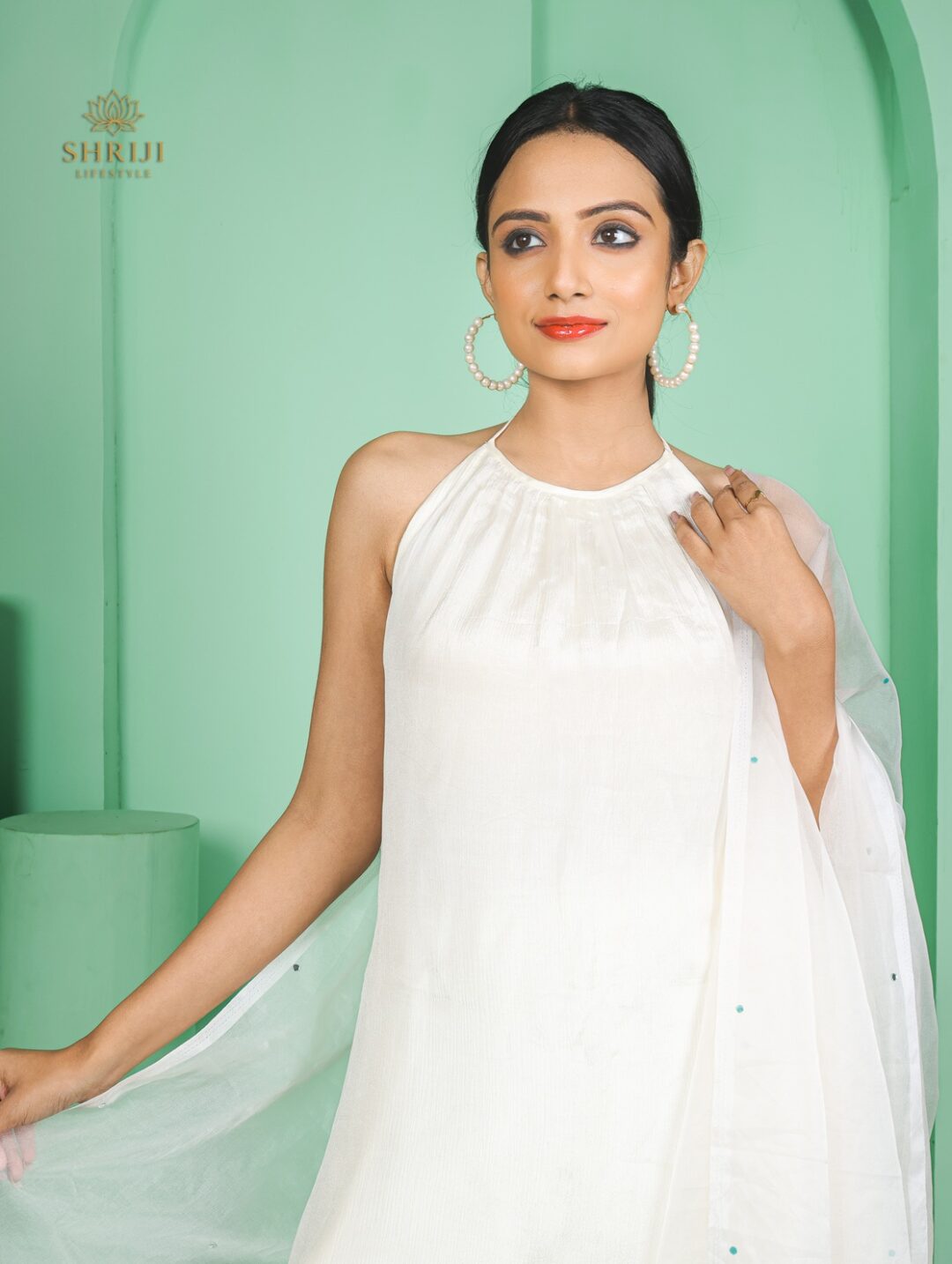 white halter neck kurta plazoo set with dupatta