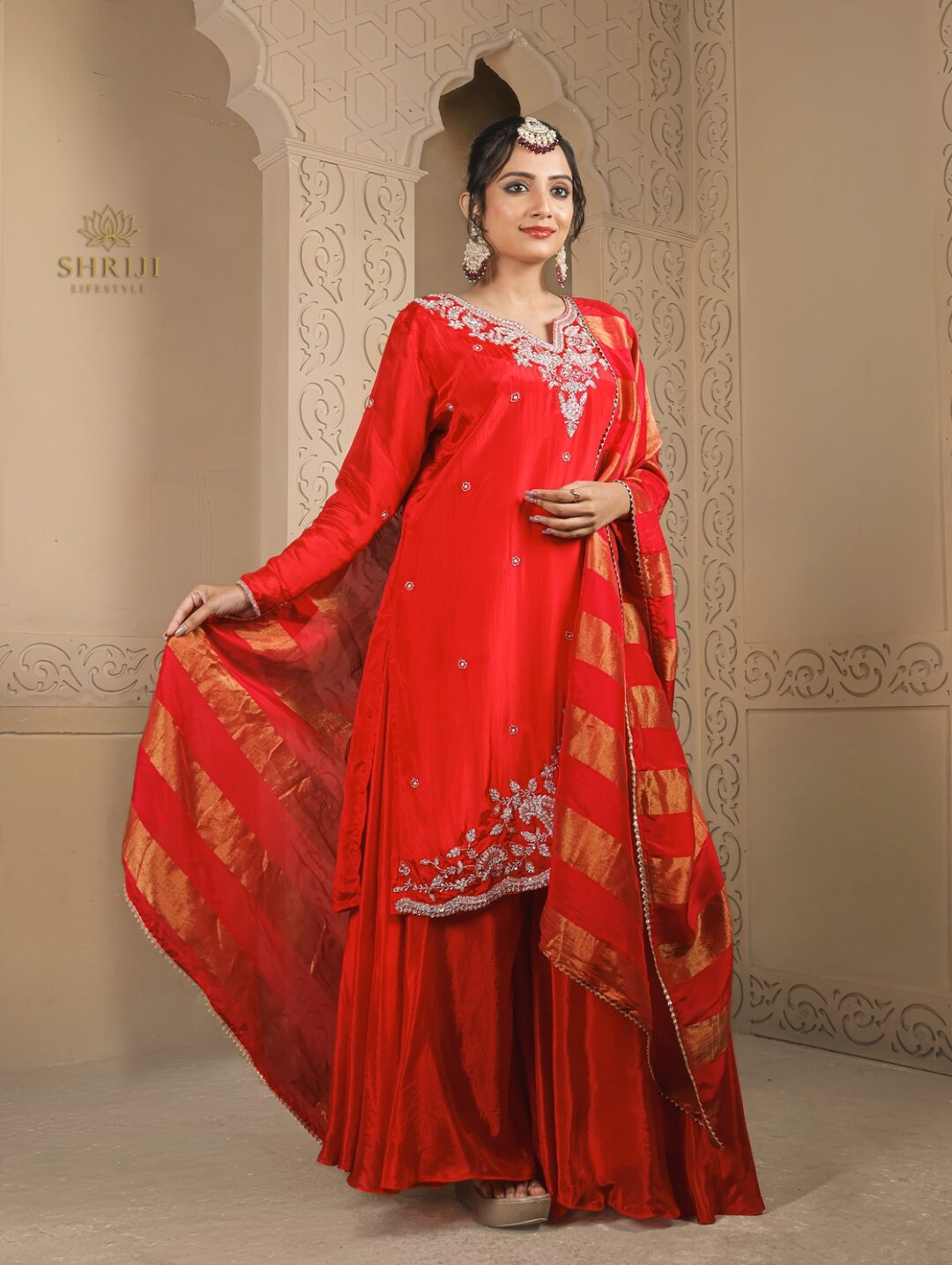 red crepe plazoo suit set with dupatta