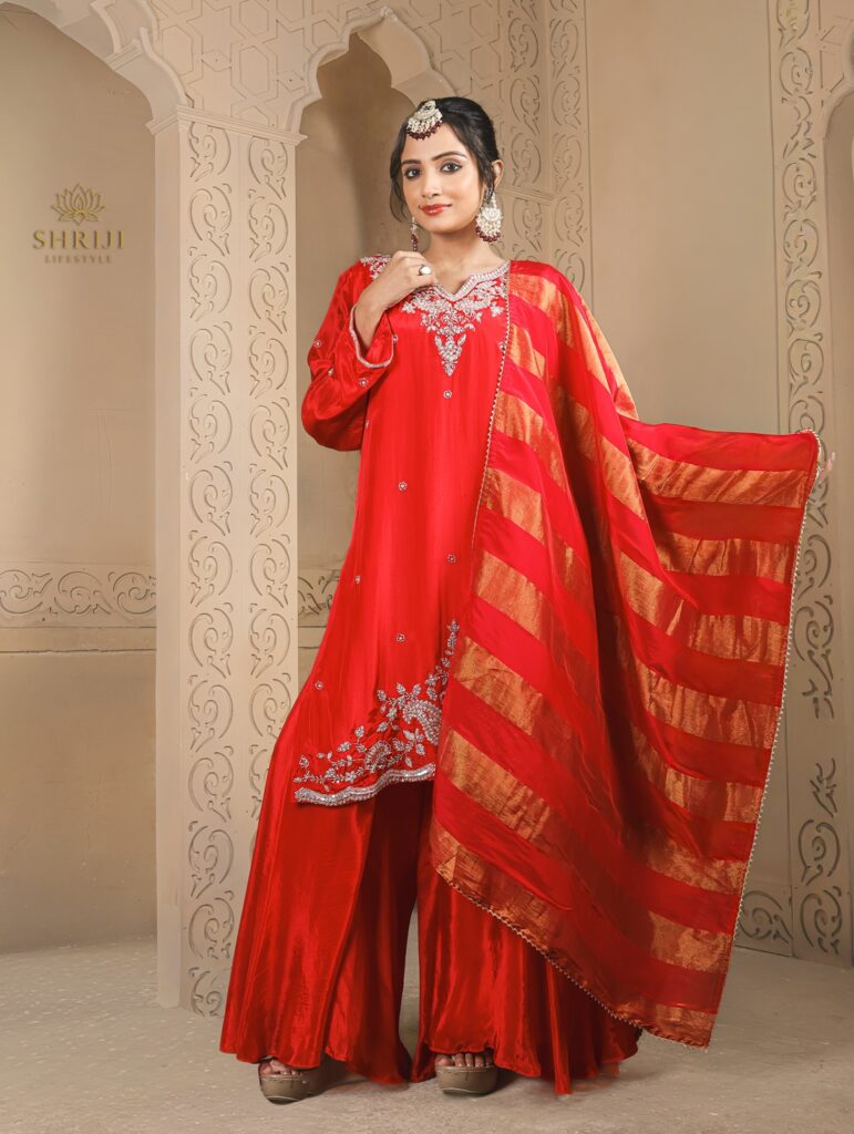red crepe plazoo suit set with dupatta