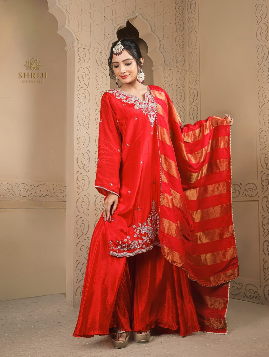 red crepe plazoo suit set with dupatta