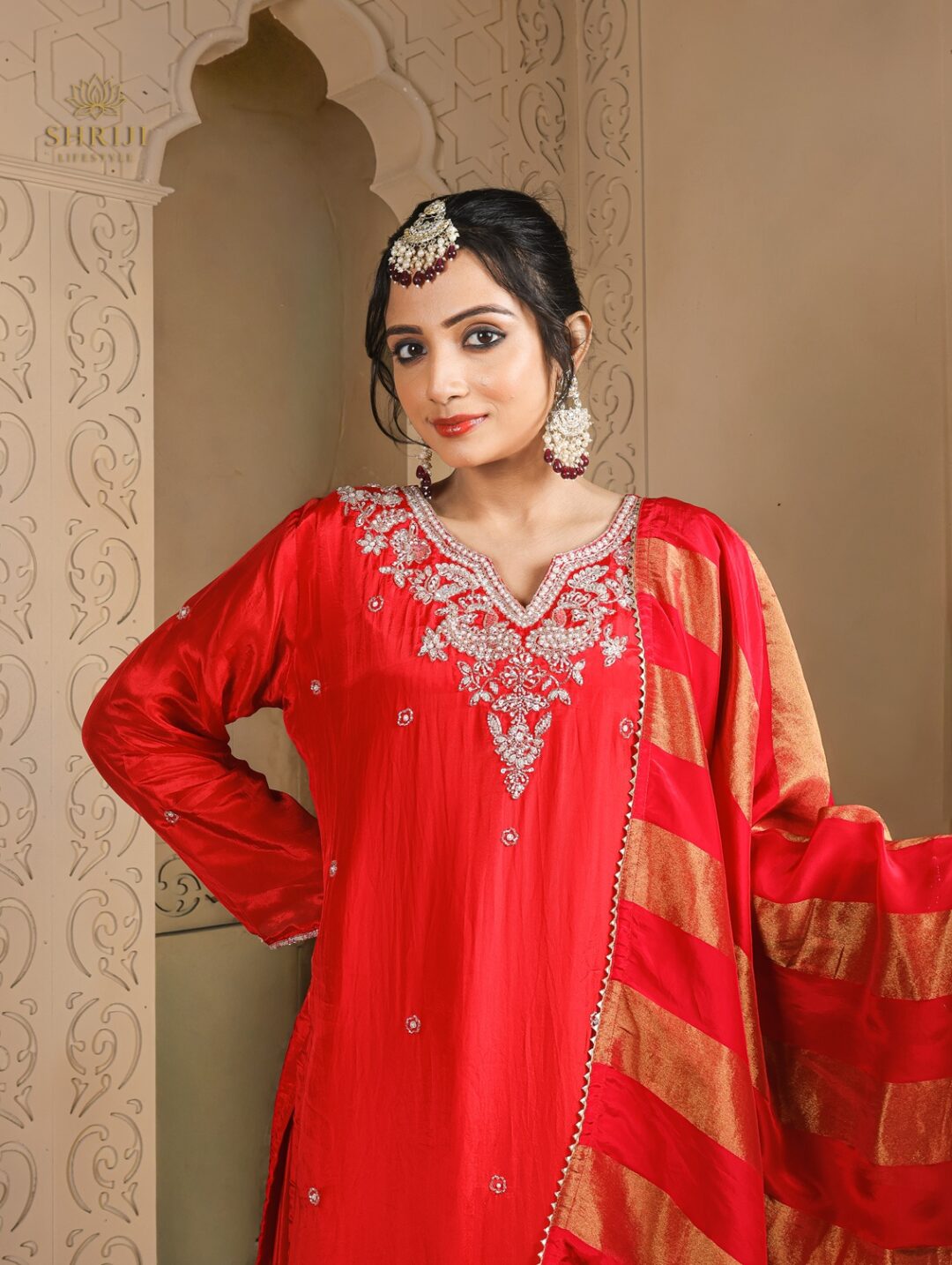 red crepe plazoo suit set with dupatta