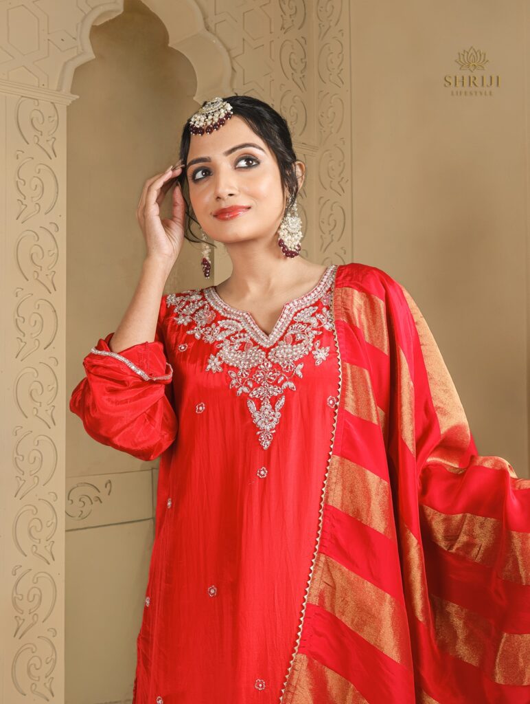 red crepe plazoo suit set with dupatta