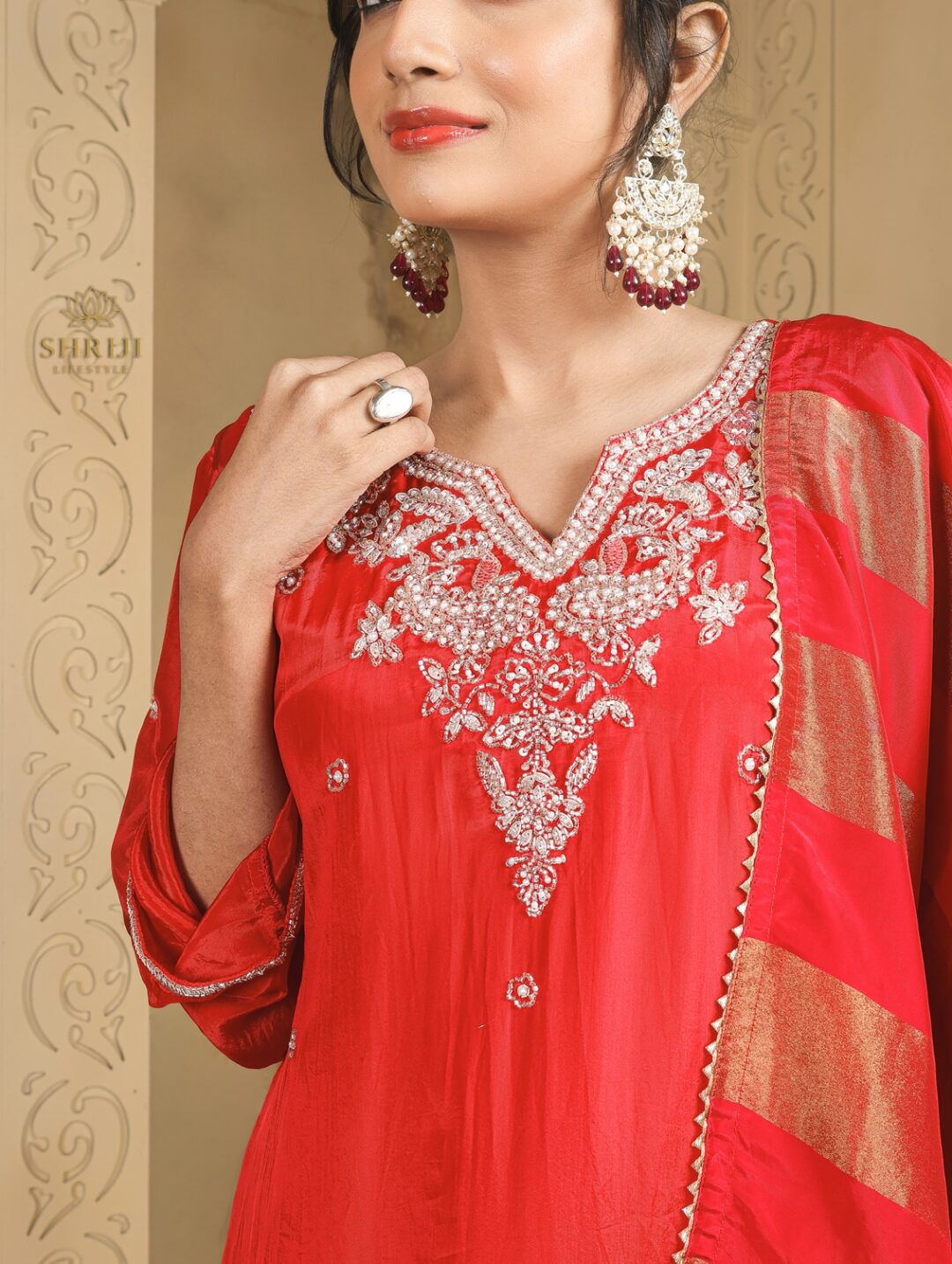 red crepe plazoo suit set with dupatta