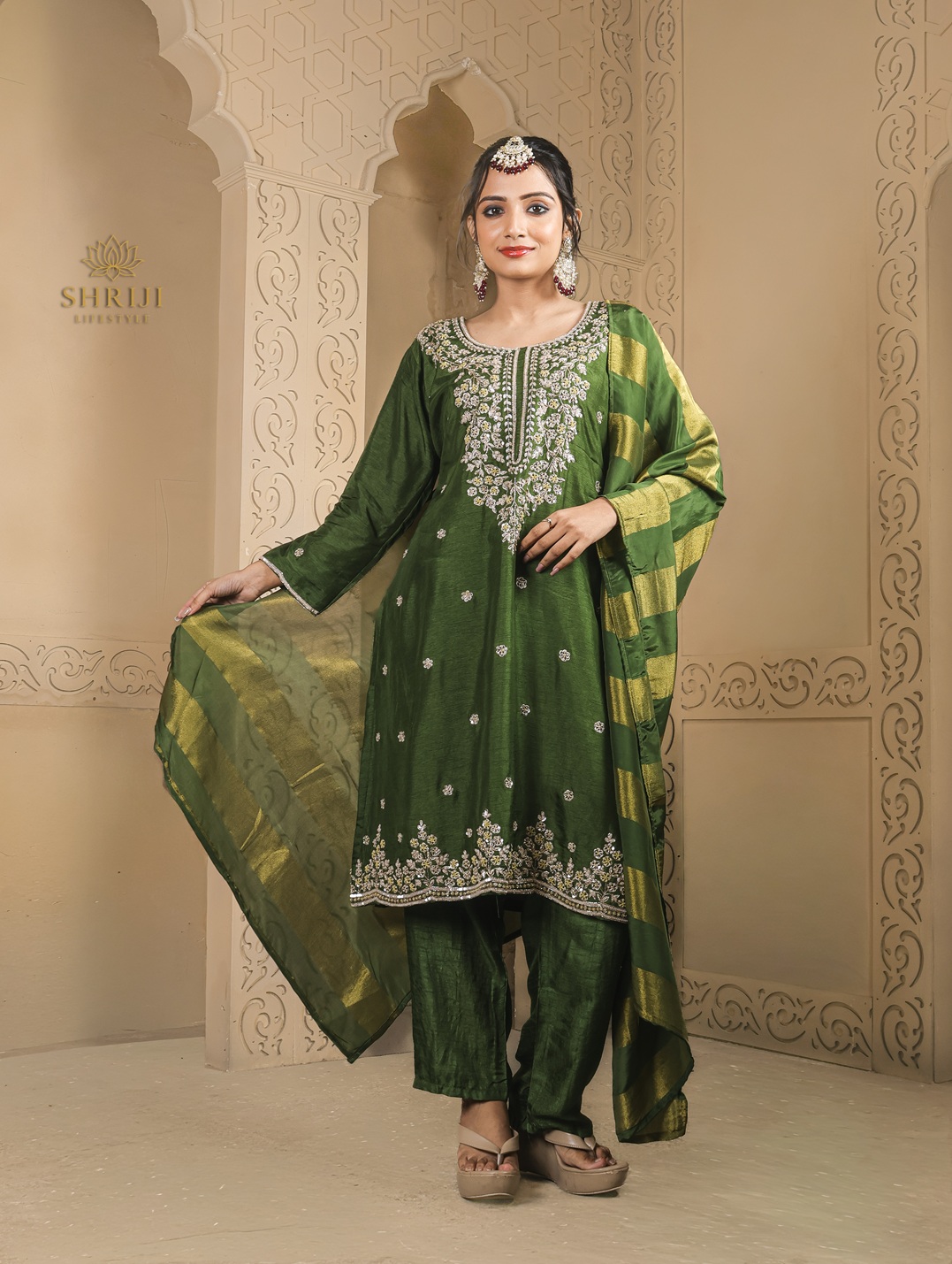 green dola silk suit set with dupatta