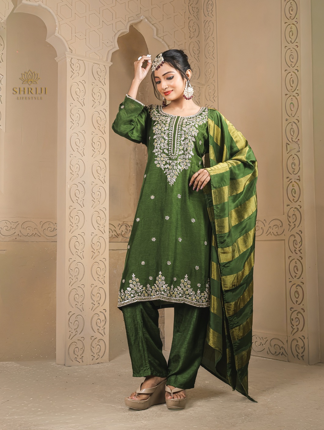green dola silk suit set with dupatta