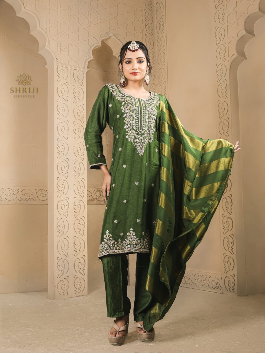 green dola silk suit set with dupatta