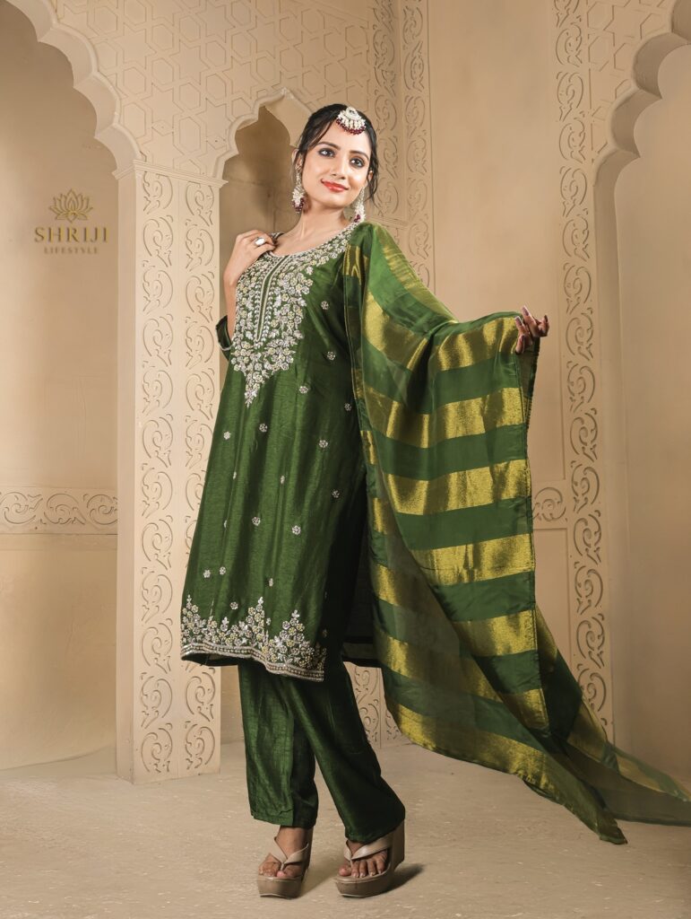 green dola silk suit set with dupatta