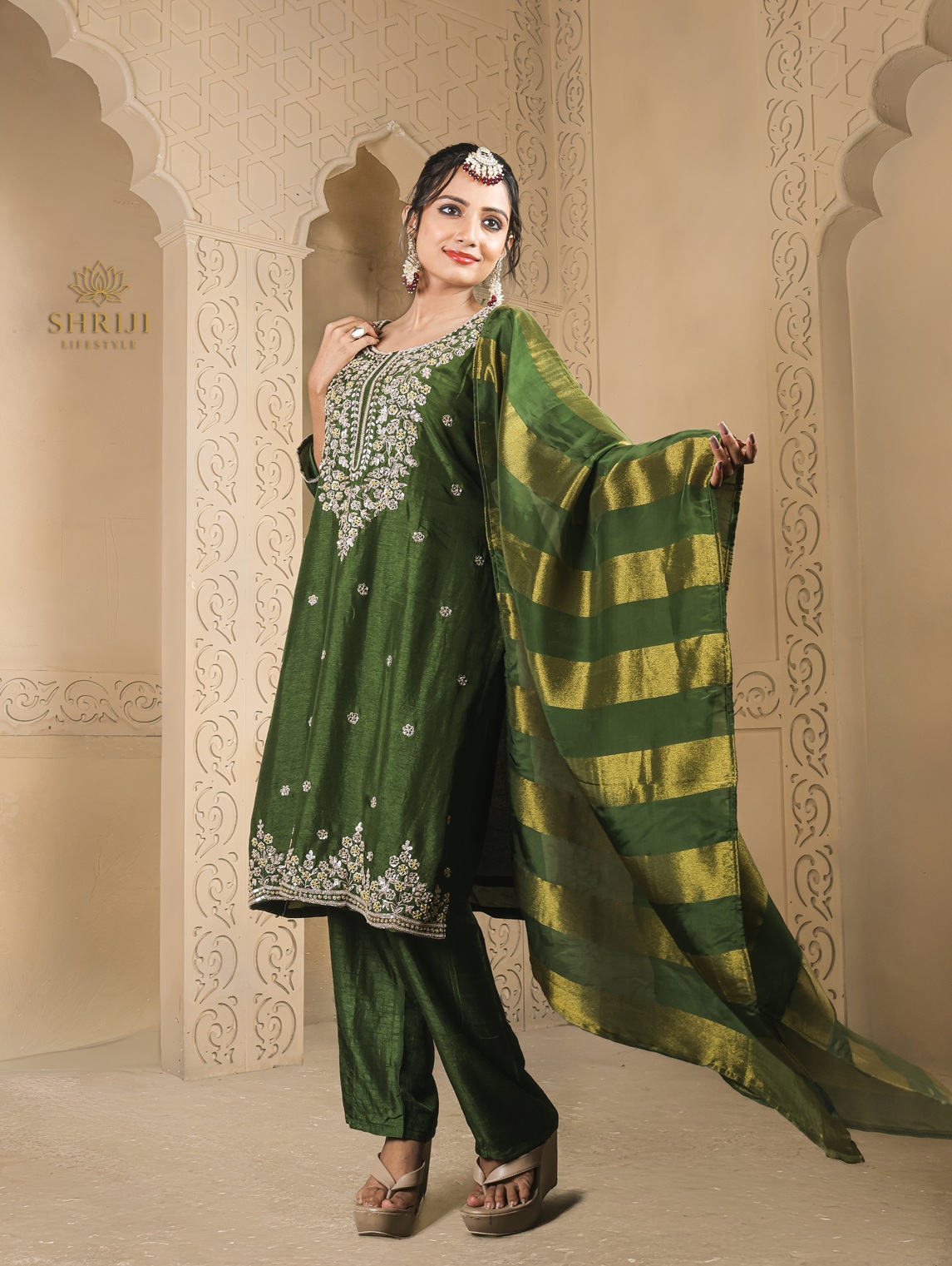 green dola silk suit set with dupatta