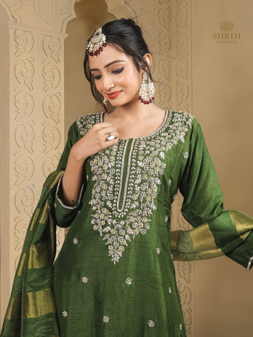 green dola silk suit set with dupatta