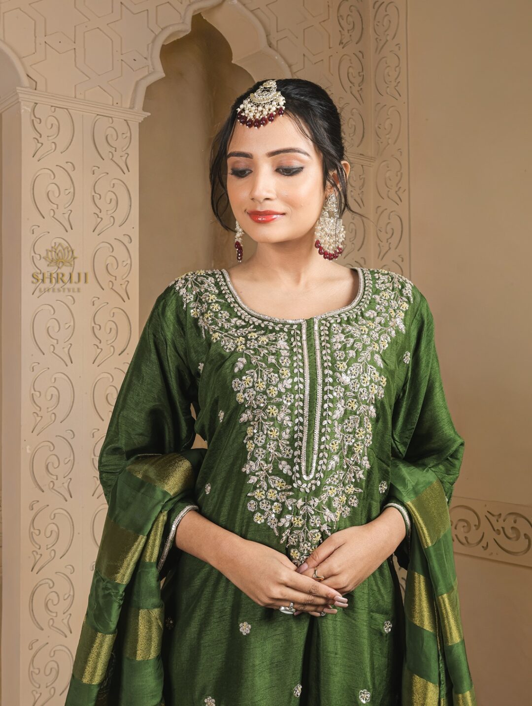 green dola silk suit set with dupatta
