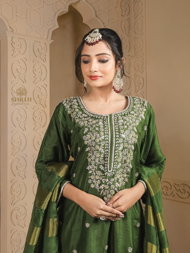 green dola silk suit set with dupatta