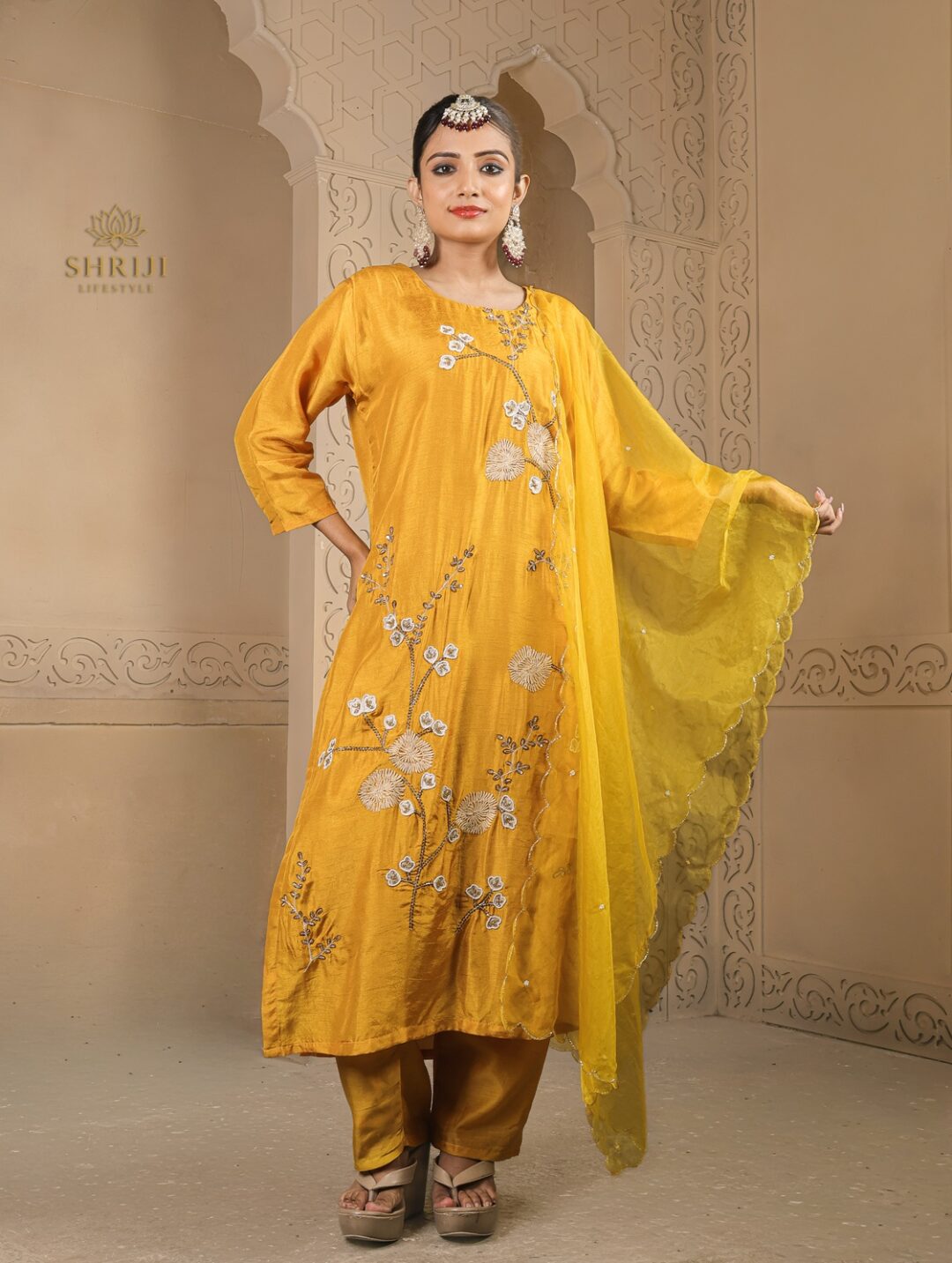 yellow dola silk suit set with dupatta