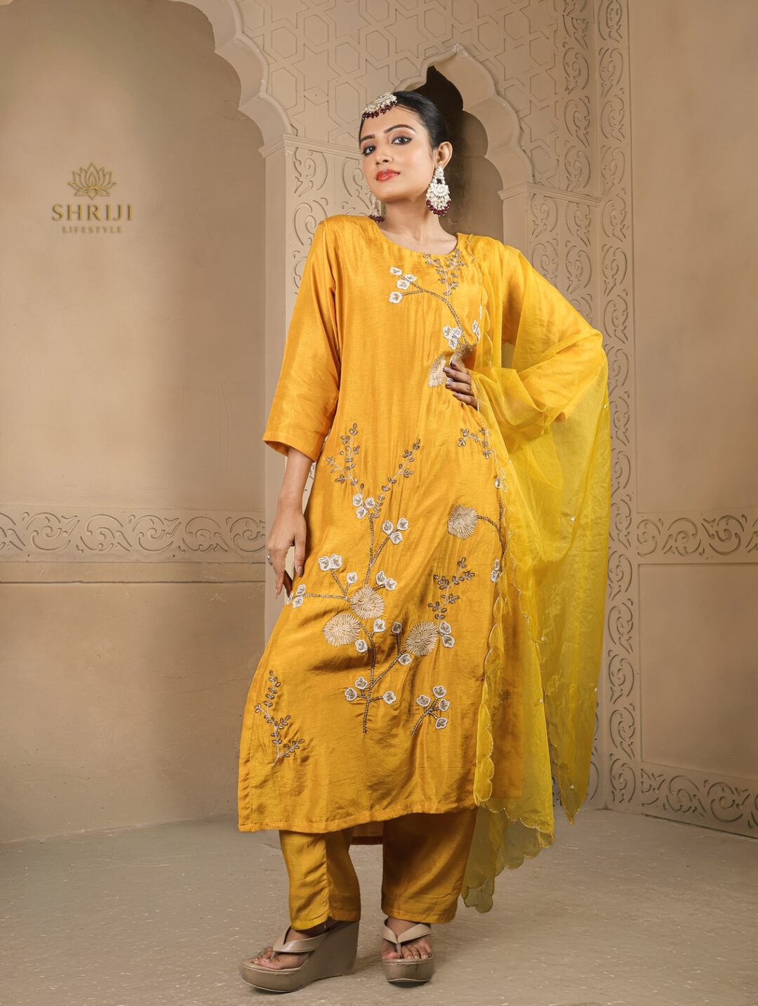 yellow dola silk suit set with dupatta