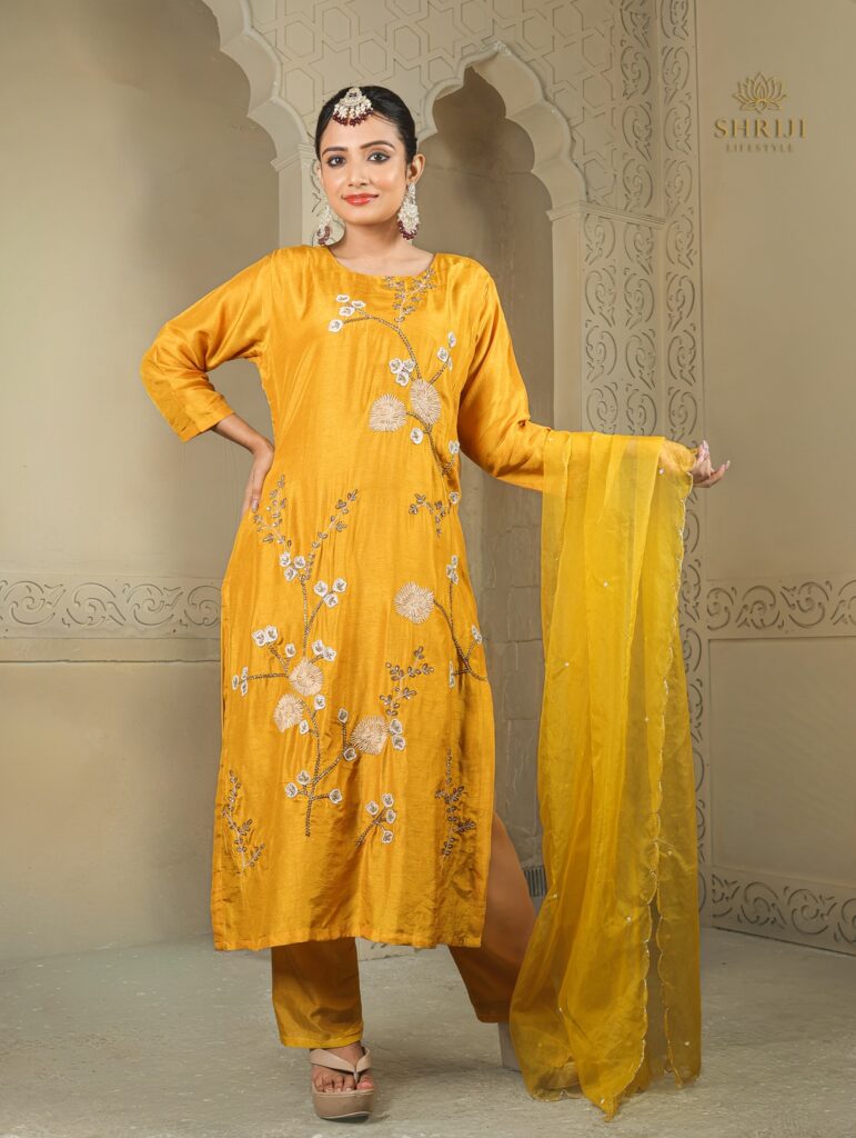 yellow dola silk suit set with dupatta