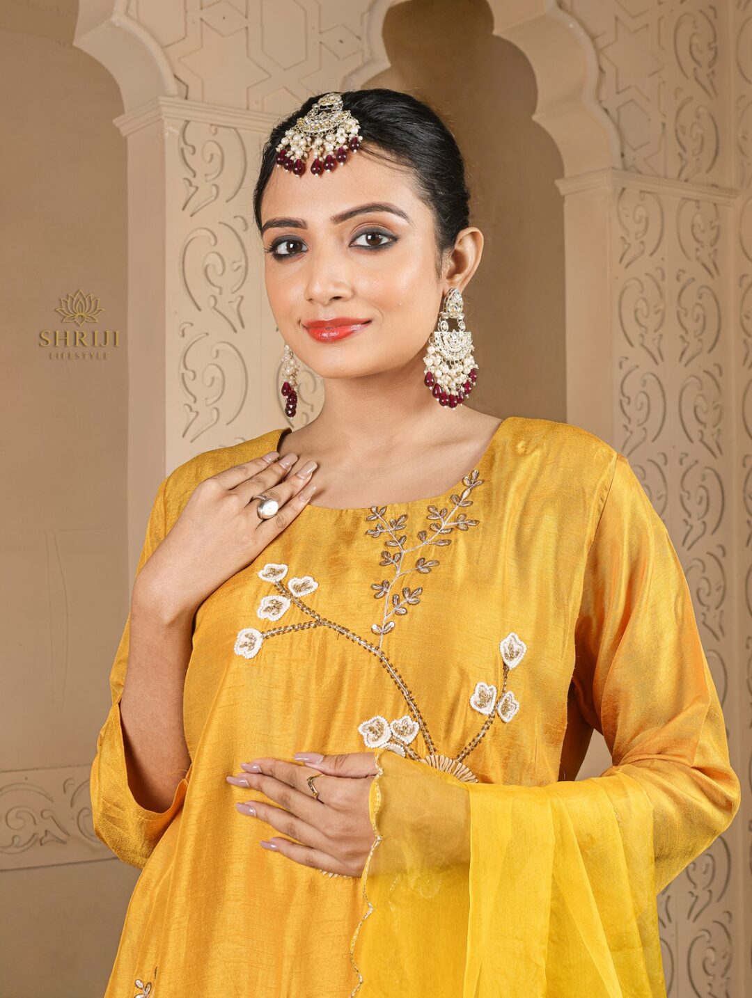 yellow dola silk suit set with dupatta