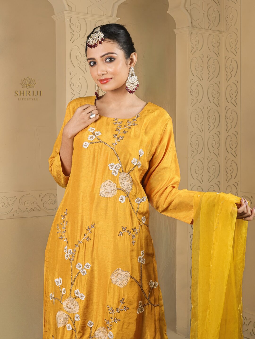 yellow dola silk suit set with dupatta