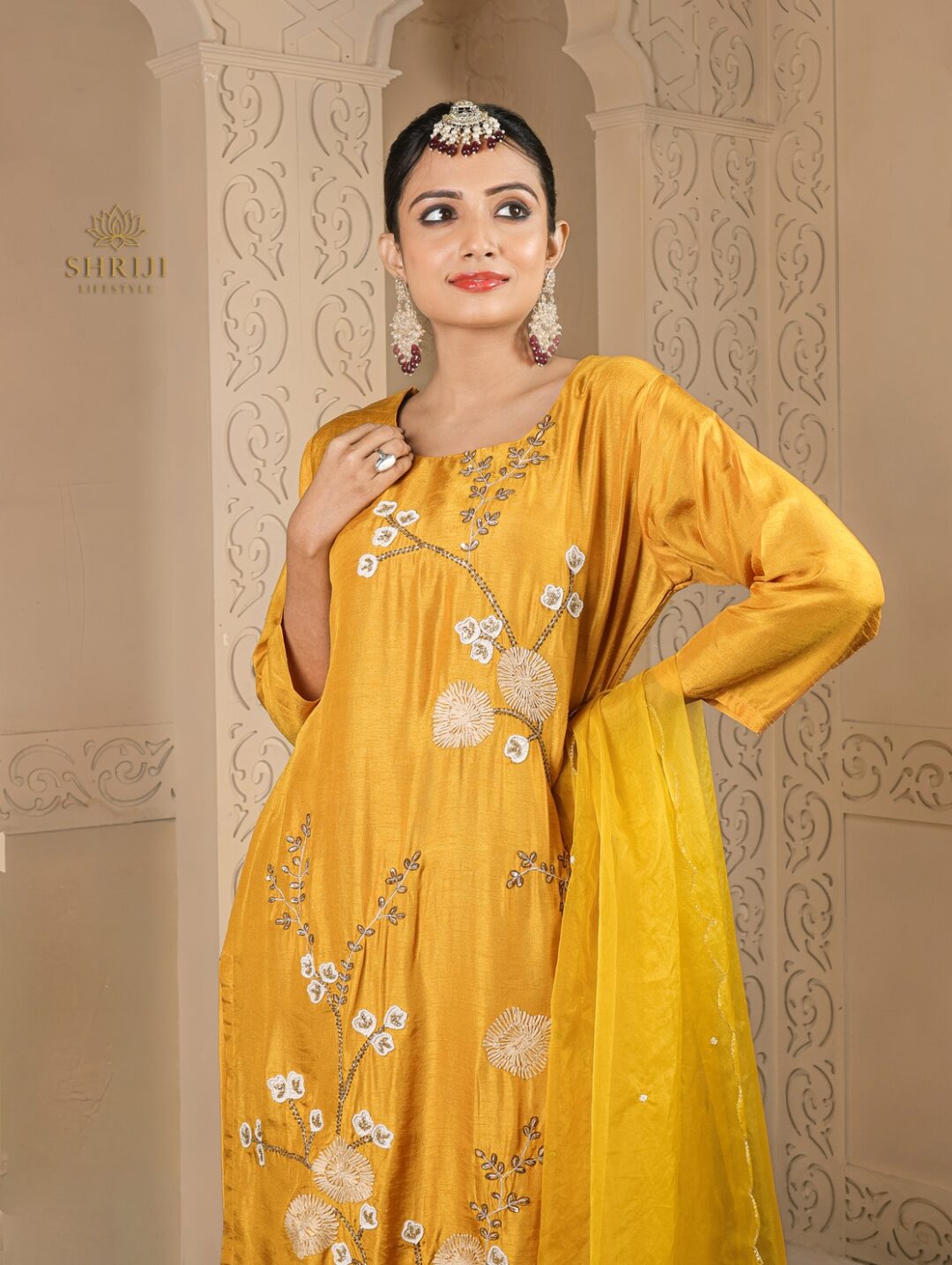 yellow dola silk suit set with dupatta