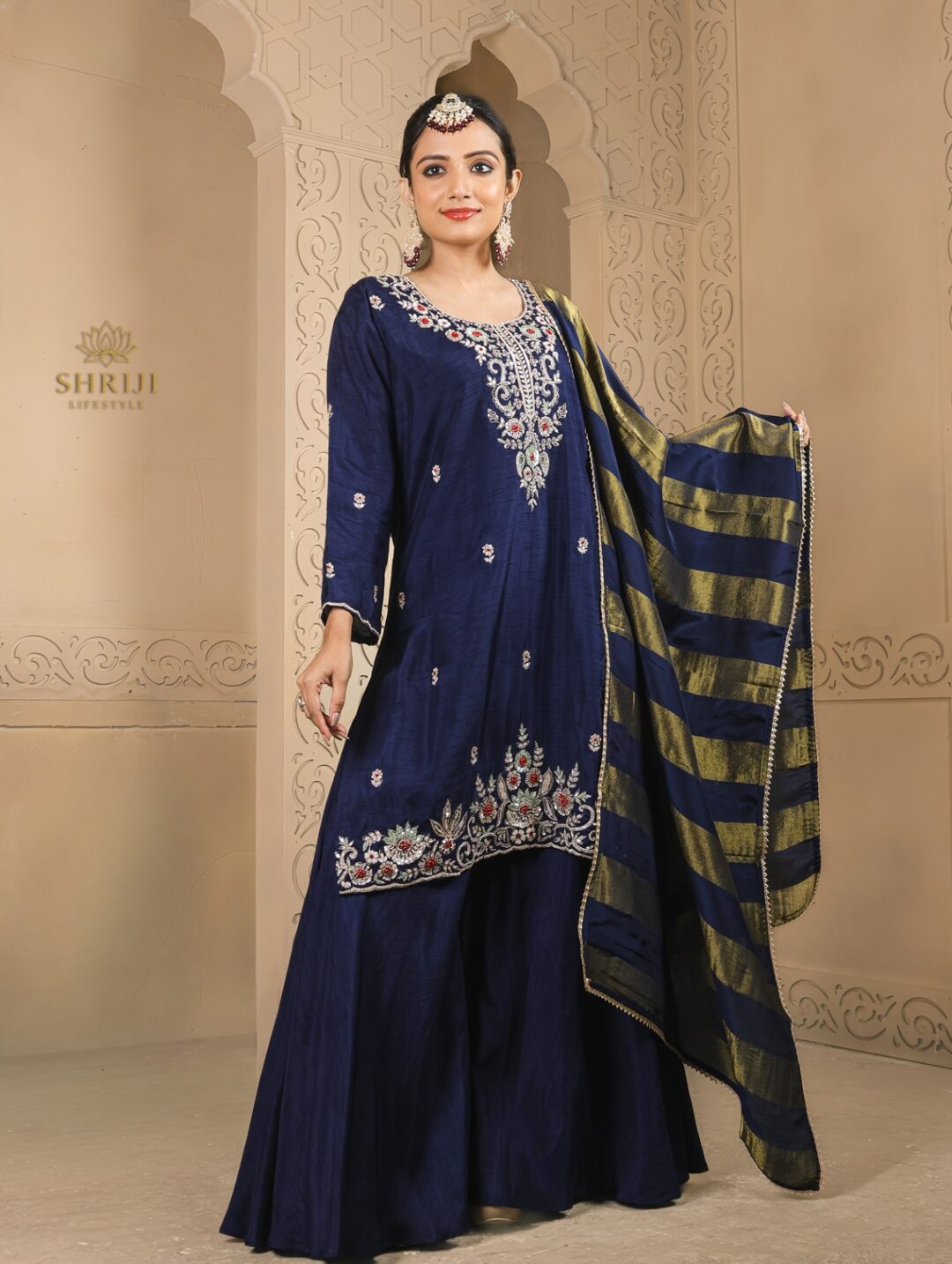 blue dola silk plazoo set with dupatta