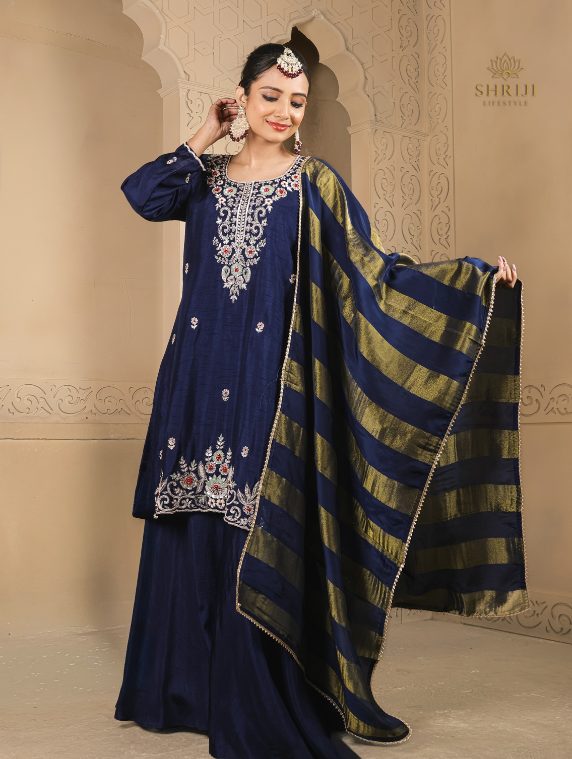blue dola silk plazoo set with dupatta