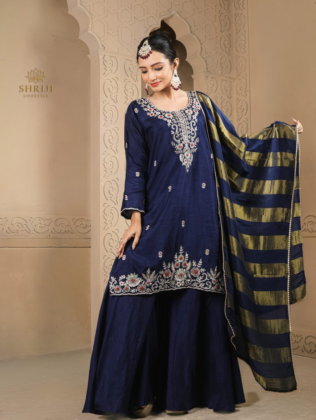 blue dola silk plazoo set with dupatta