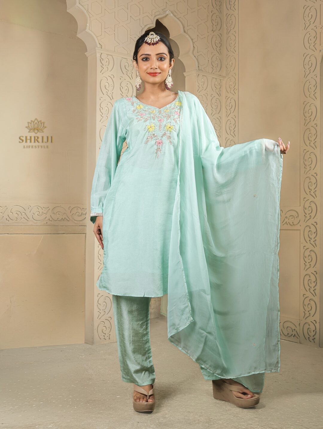mint green dola short kali top plazoo set with dupatta