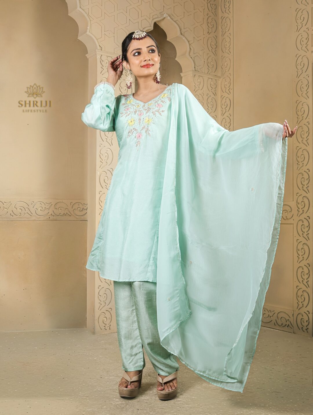mint green dola short kali top plazoo set with dupatta